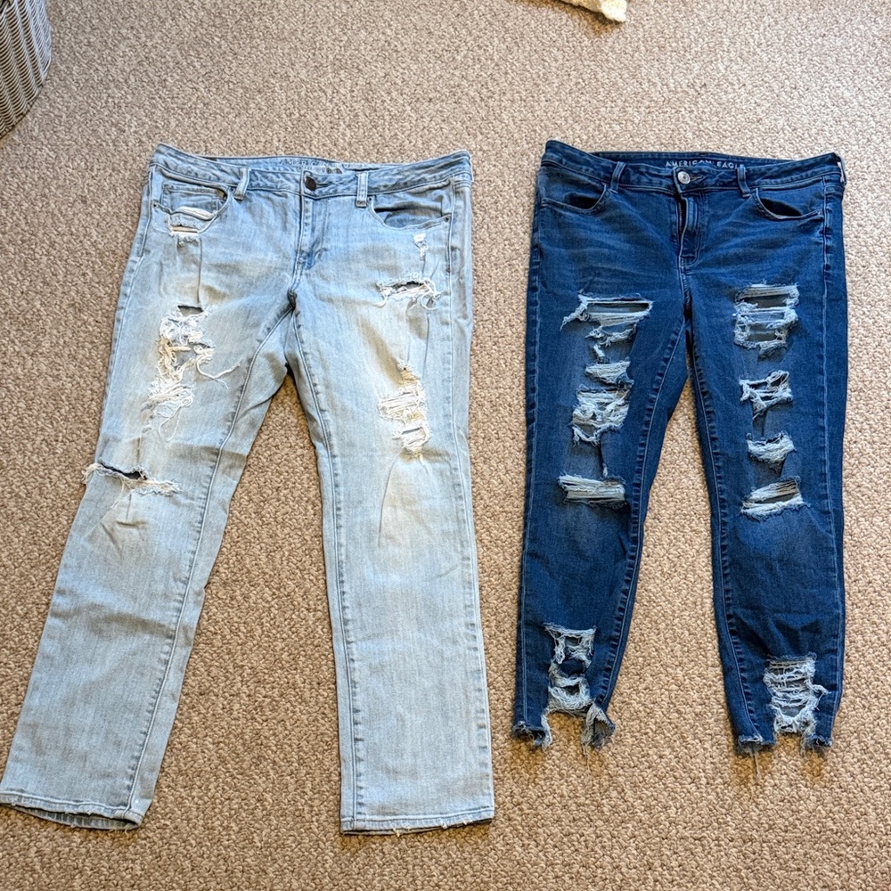 Distressed Women's Jeans - Light Blue and Dark Blue.